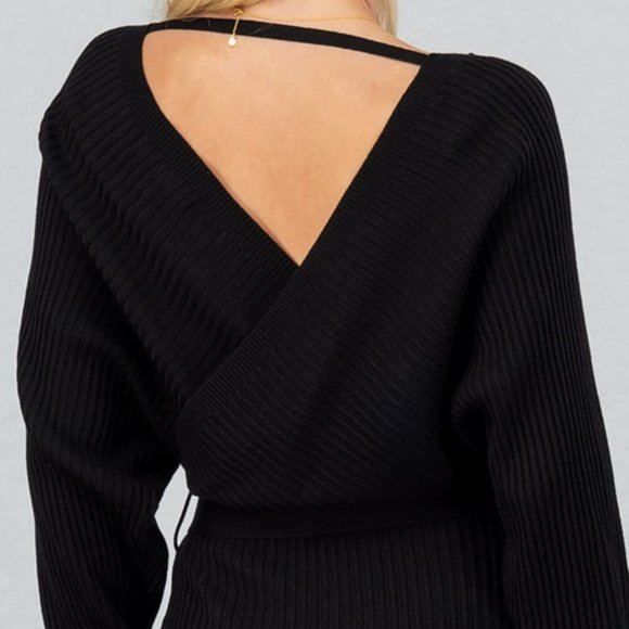 NEW Black Rib Knit Sexy Wrap V Neck Classic Little Black Sweater Dress - Picture 7 of 10